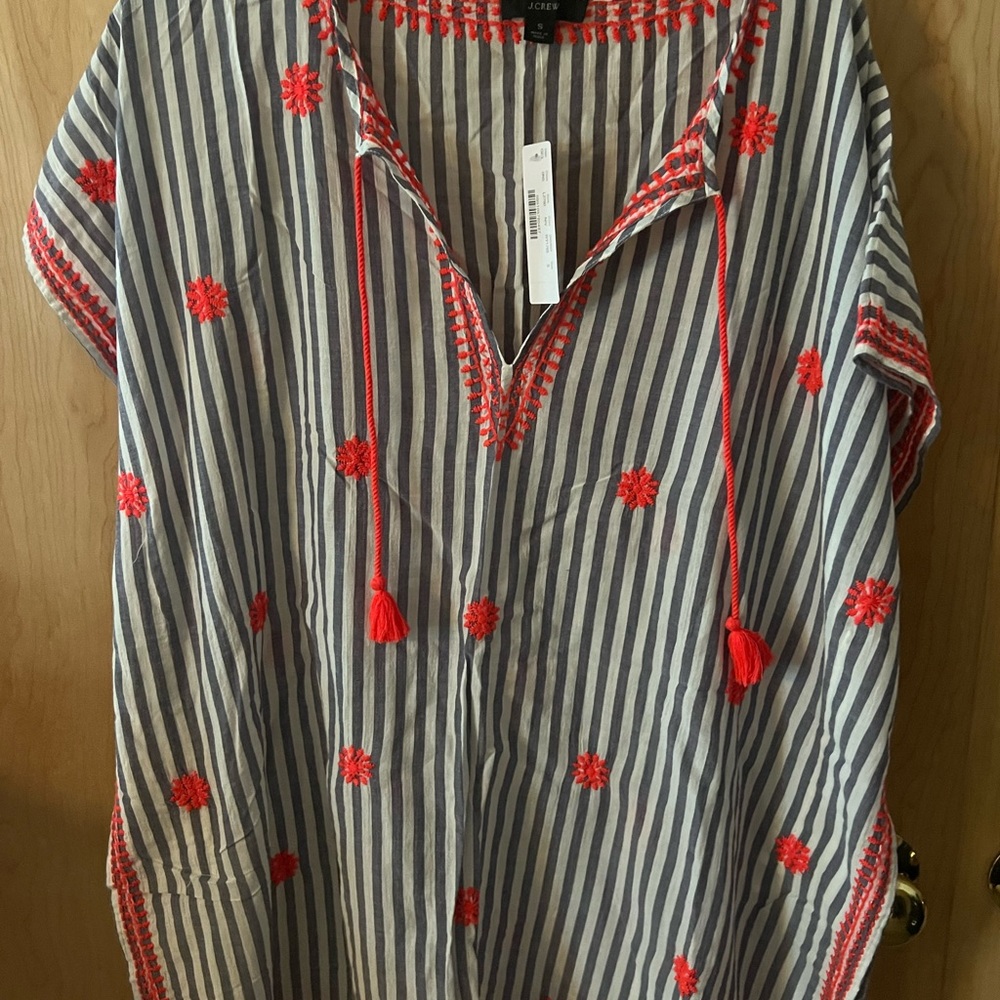 Striped Kaftan with Red Embroidery cover up